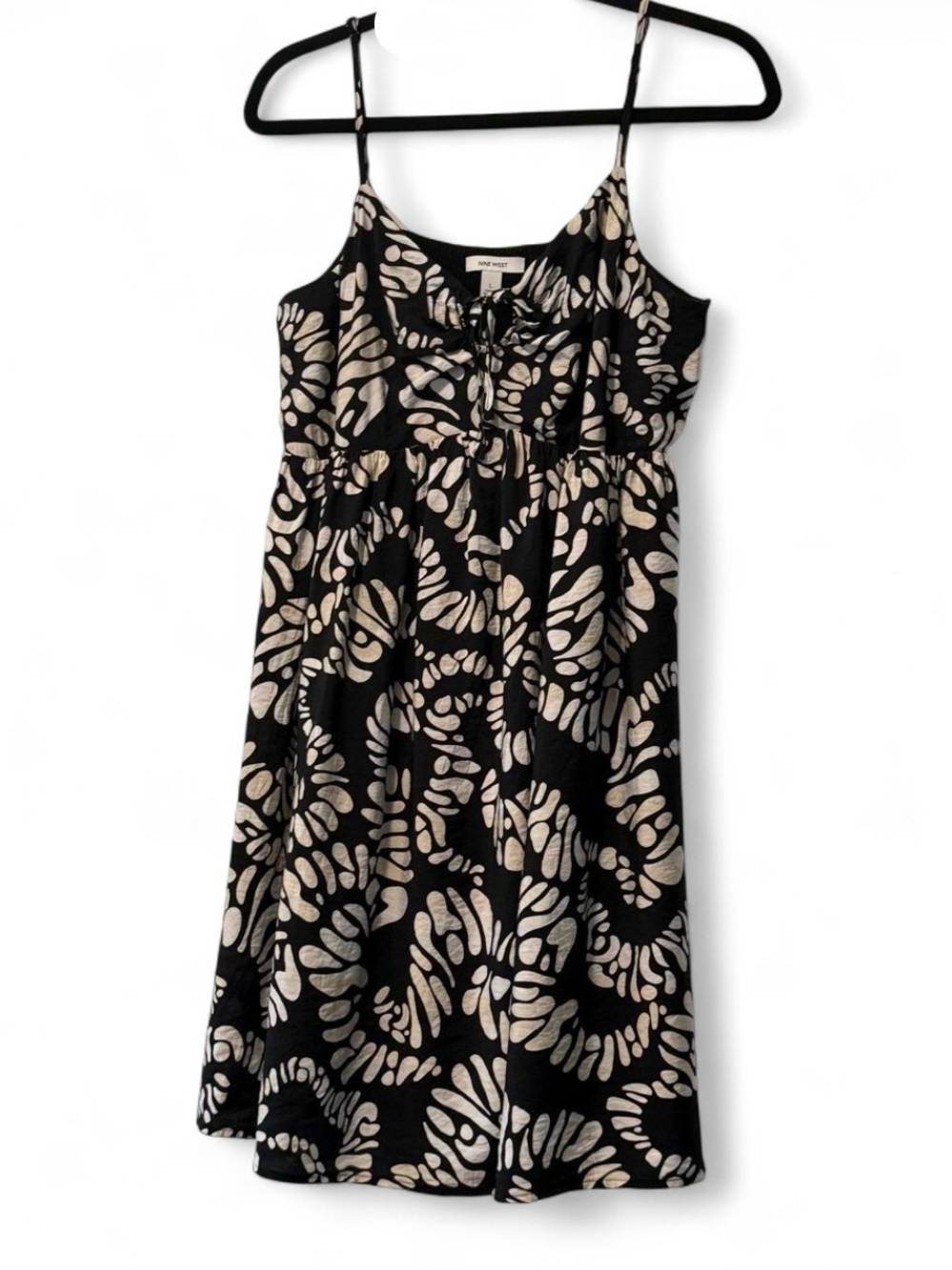 Boho Nine West Smocked Cami Dress Womens Large Black Beige Abstract Print